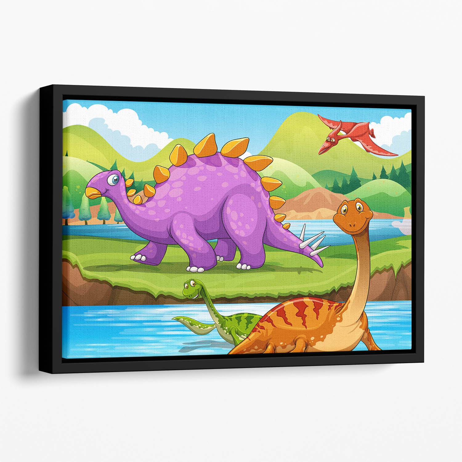 Dinosaurs living by the river Floating Framed Canvas