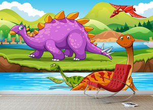 Dinosaurs living by the river Wall Mural Wallpaper - Canvas Art Rocks - 3