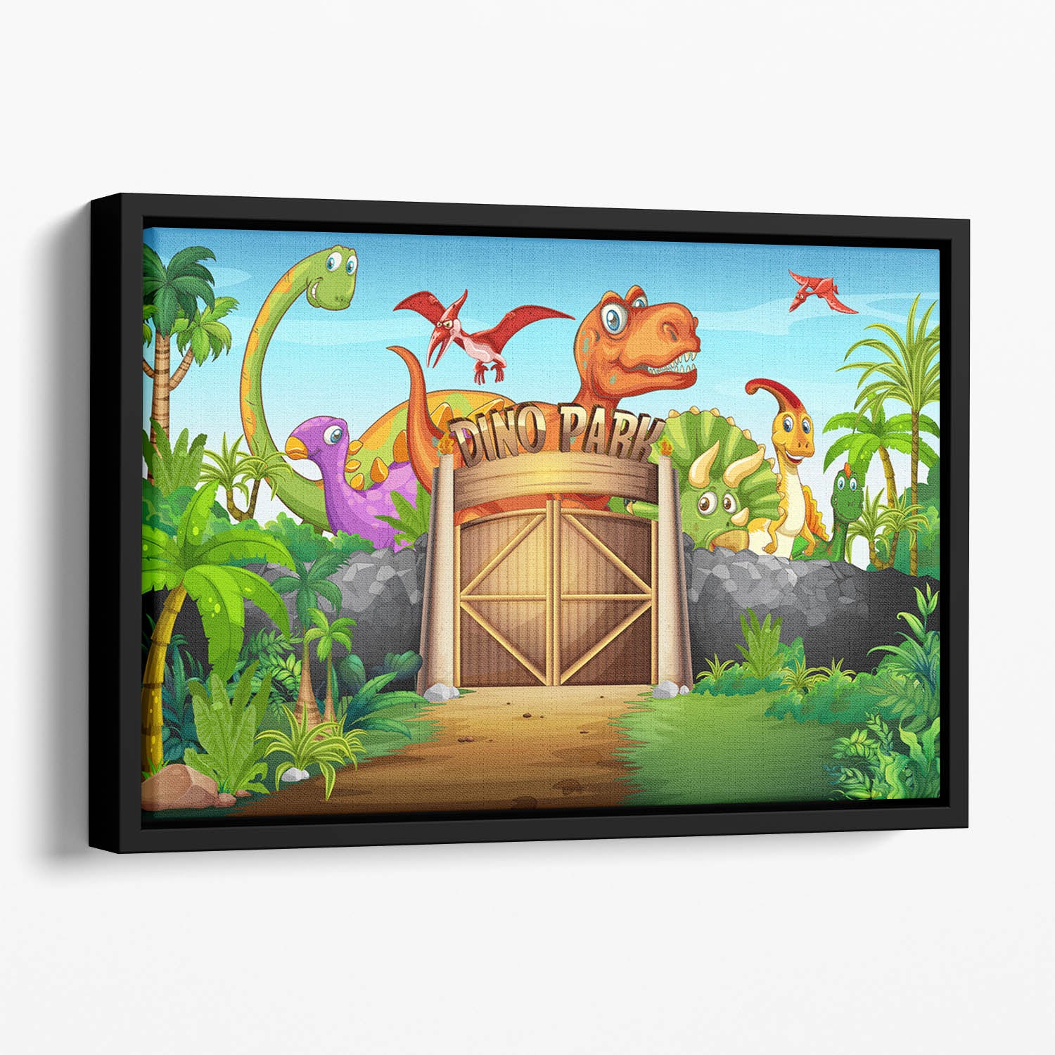 Dinosaurs living in Dino park Floating Framed Canvas