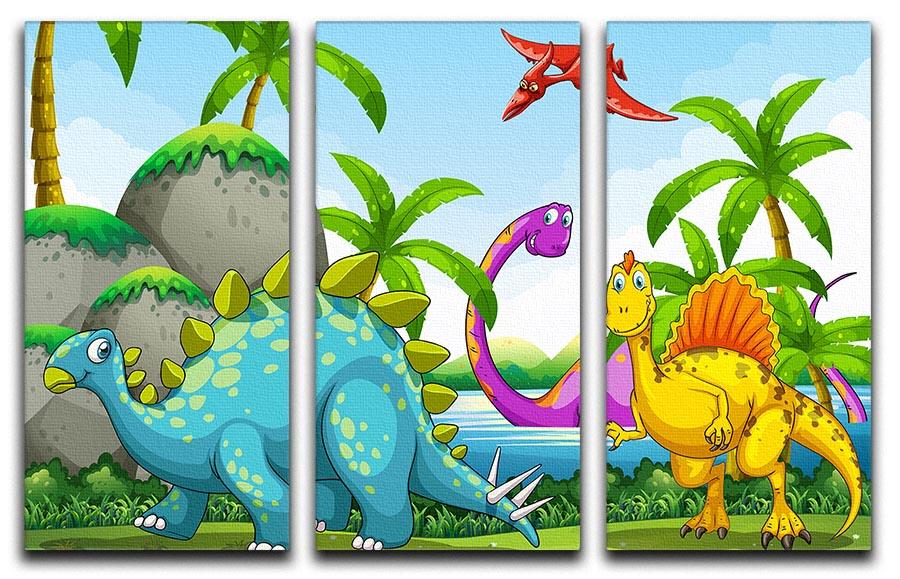 Dinosaurs living in the jungle 3 Split Panel Canvas Print - Canvas Art Rocks - 1