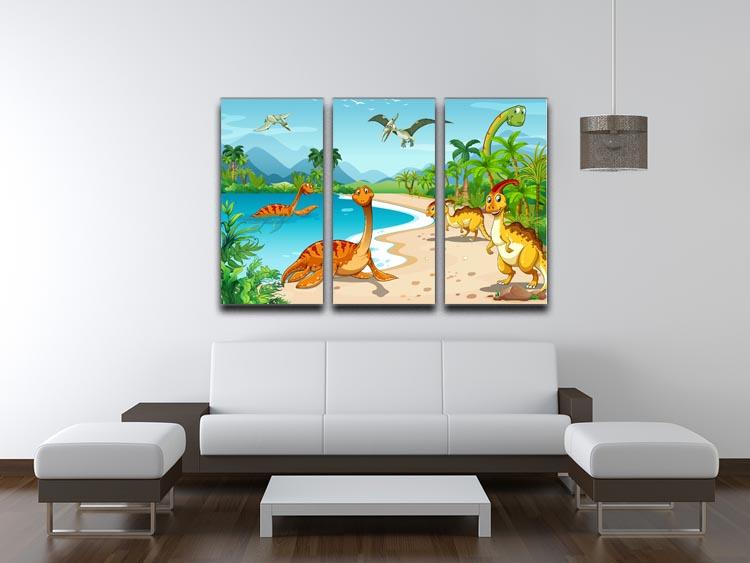 Dinosaurs living on the beach 3 Split Panel Canvas Print - Canvas Art Rocks - 3
