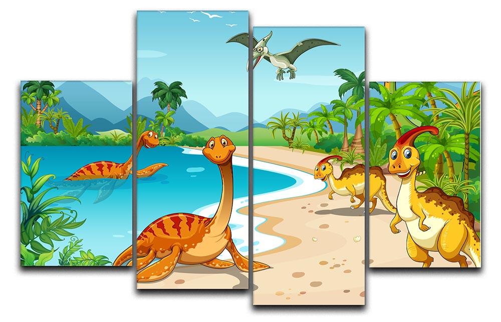 Dinosaurs living on the beach 4 Split Panel Canvas  - Canvas Art Rocks - 1