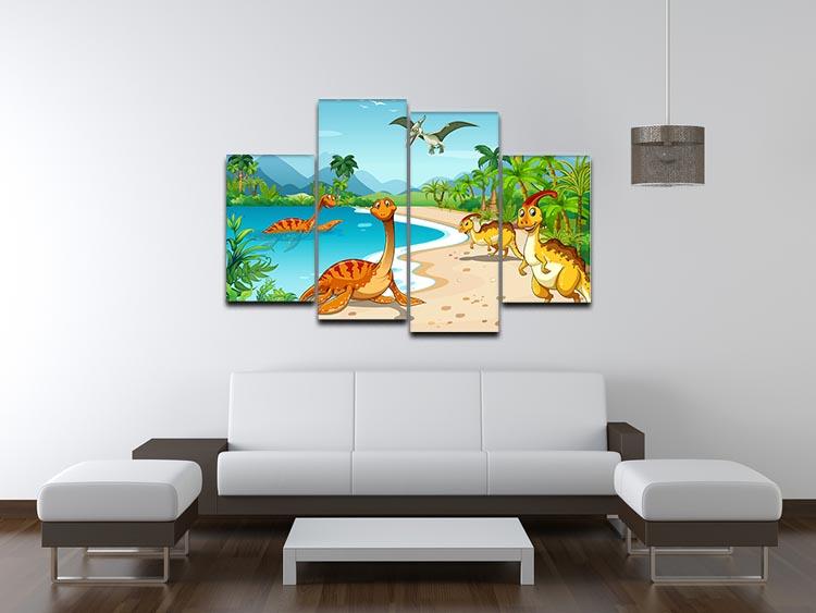 Dinosaurs living on the beach 4 Split Panel Canvas - Canvas Art Rocks - 3