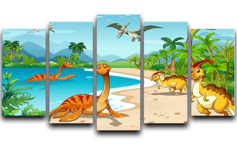 Dinosaurs living on the beach 5 Split Panel Canvas  - Canvas Art Rocks - 1