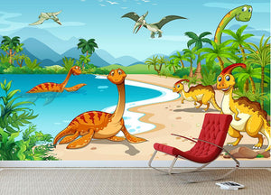 Dinosaurs living on the beach Wall Mural Wallpaper - Canvas Art Rocks - 3