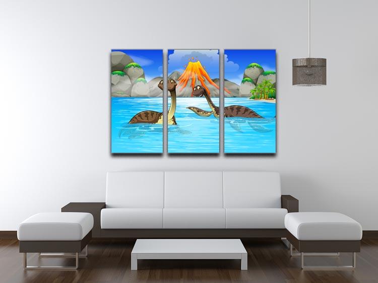 Dinosaurs swimming in the lake 3 Split Panel Canvas Print - Canvas Art Rocks - 3