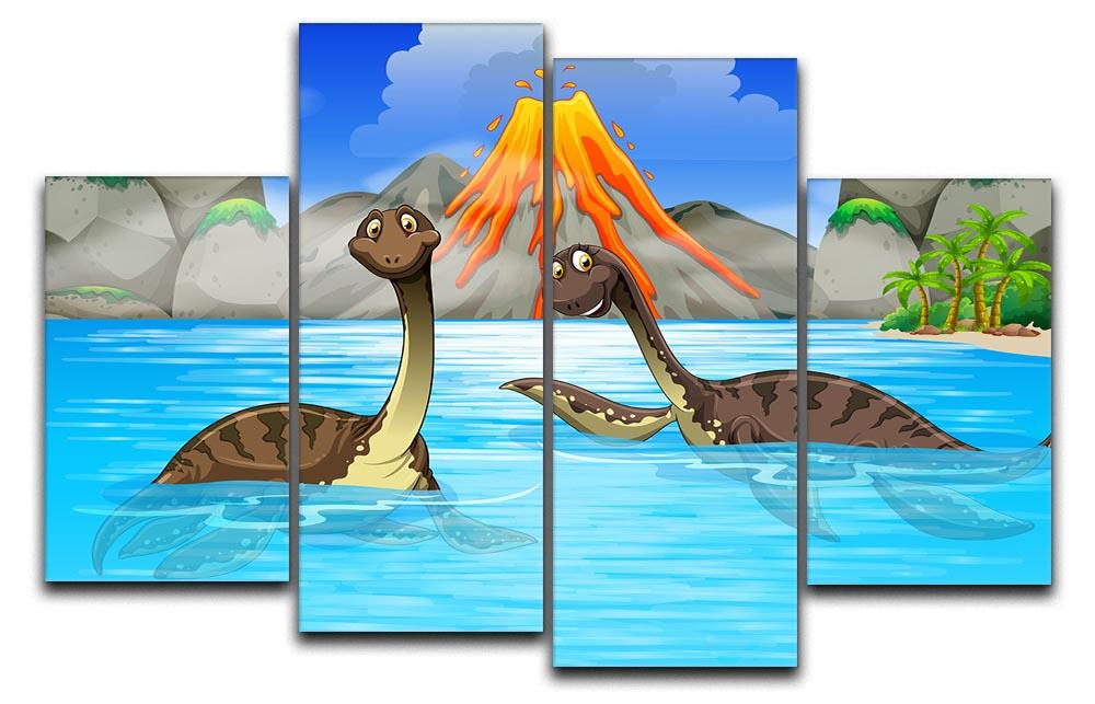 Dinosaurs swimming in the lake 4 Split Panel Canvas  - Canvas Art Rocks - 1