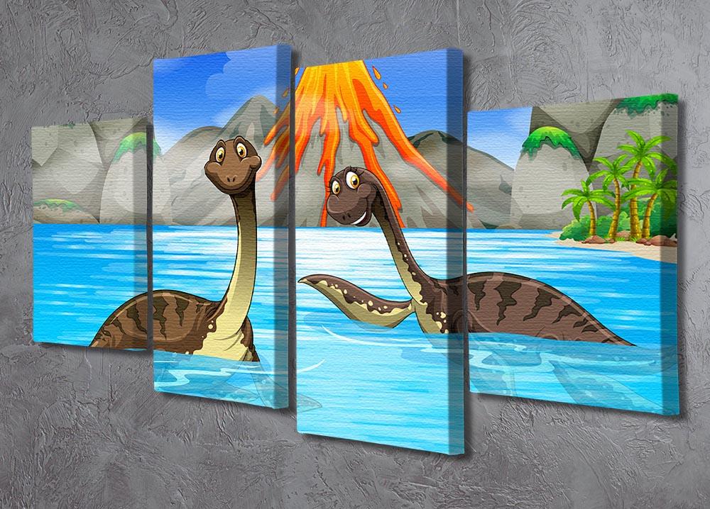 Dinosaurs swimming in the lake 4 Split Panel Canvas - Canvas Art Rocks - 2
