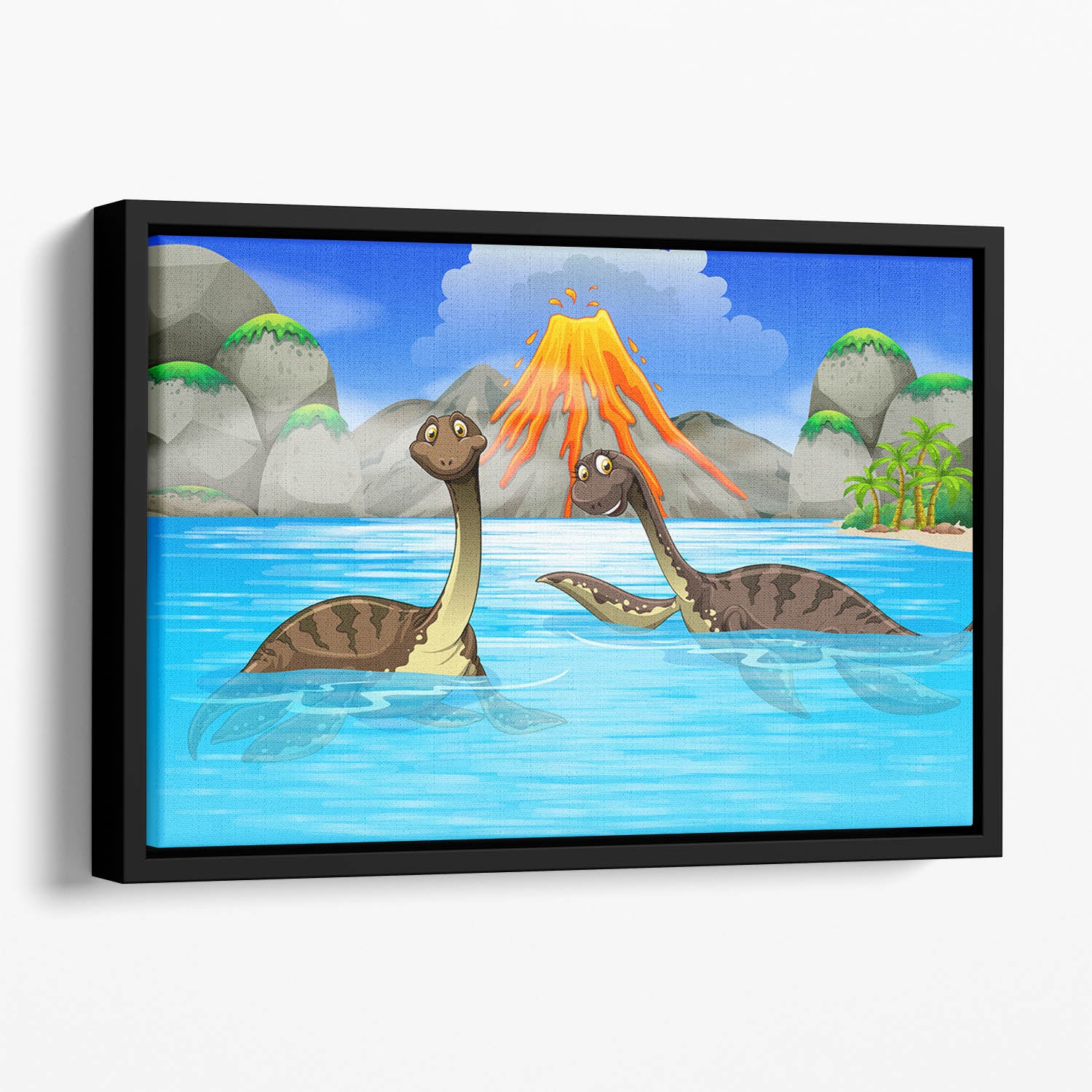 Dinosaurs swimming in the lake Floating Framed Canvas