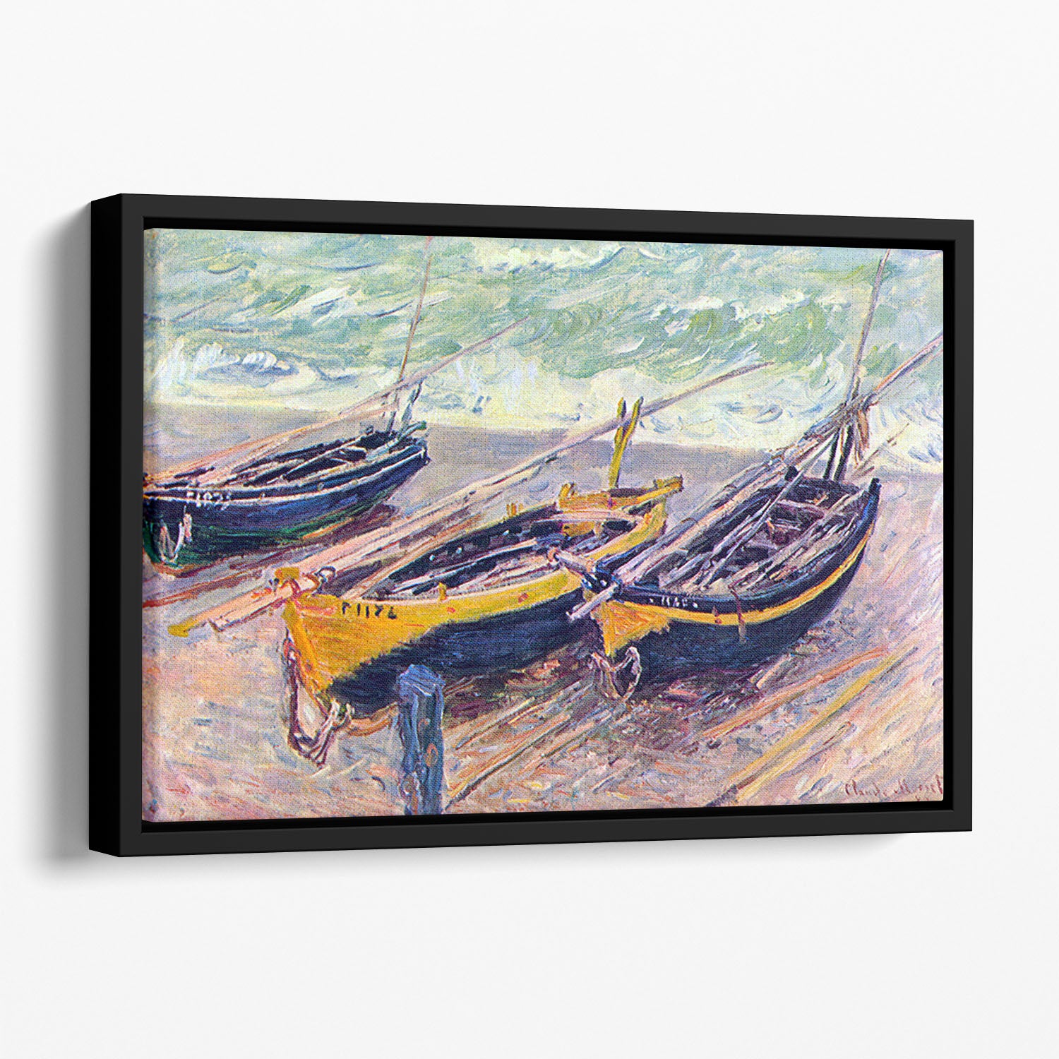 Dock of etretat three fishing boats by Monet Floating Framed Canvas