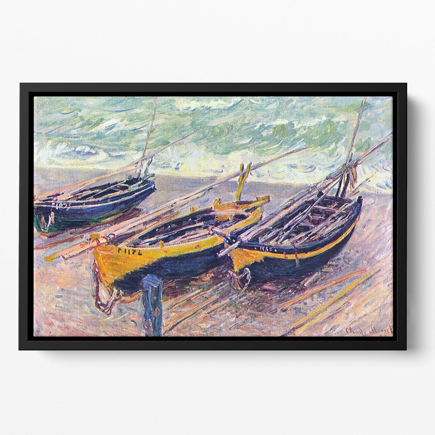 Dock of etretat three fishing boats by Monet Floating Framed Canvas