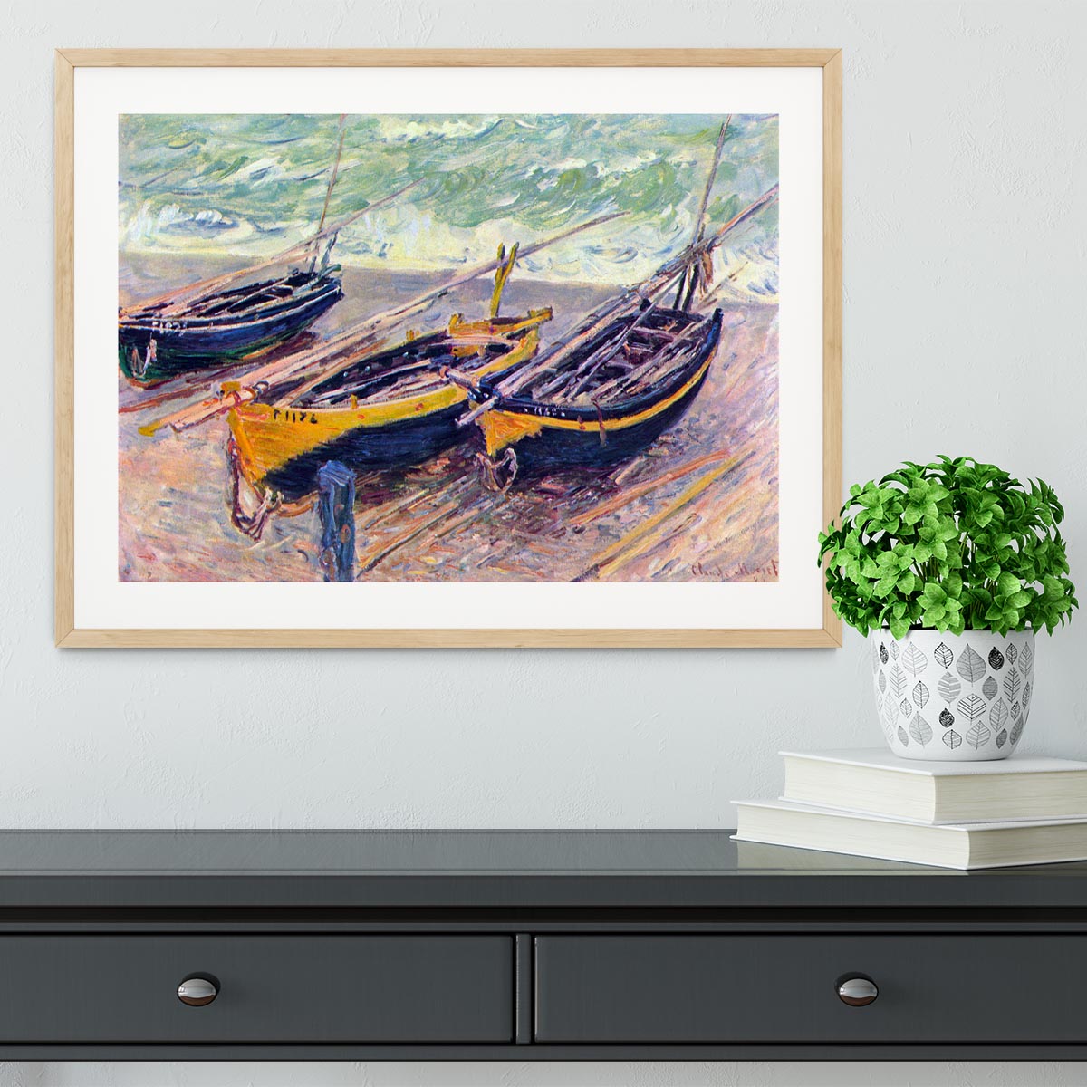 Dock of etretat three fishing boats by Monet Framed Print - Canvas Art Rocks - 3
