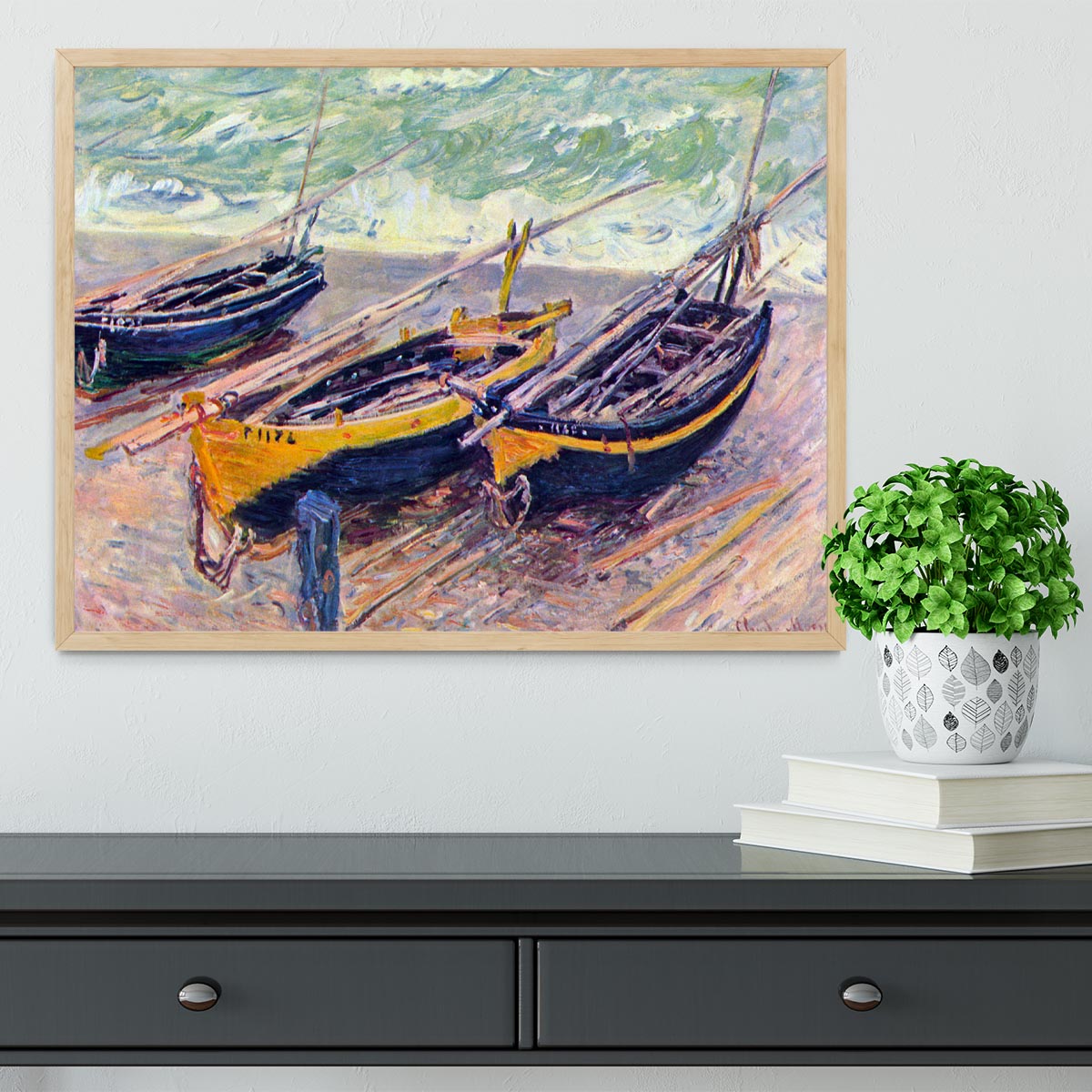 Dock of etretat three fishing boats by Monet Framed Print - Canvas Art Rocks - 4