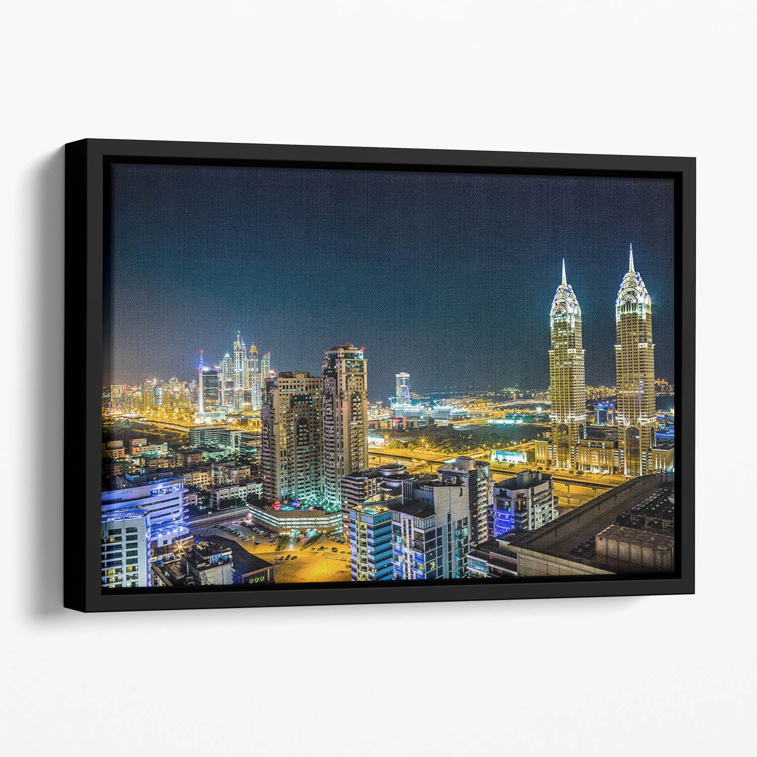Dubai downtown night scene Floating Framed Canvas