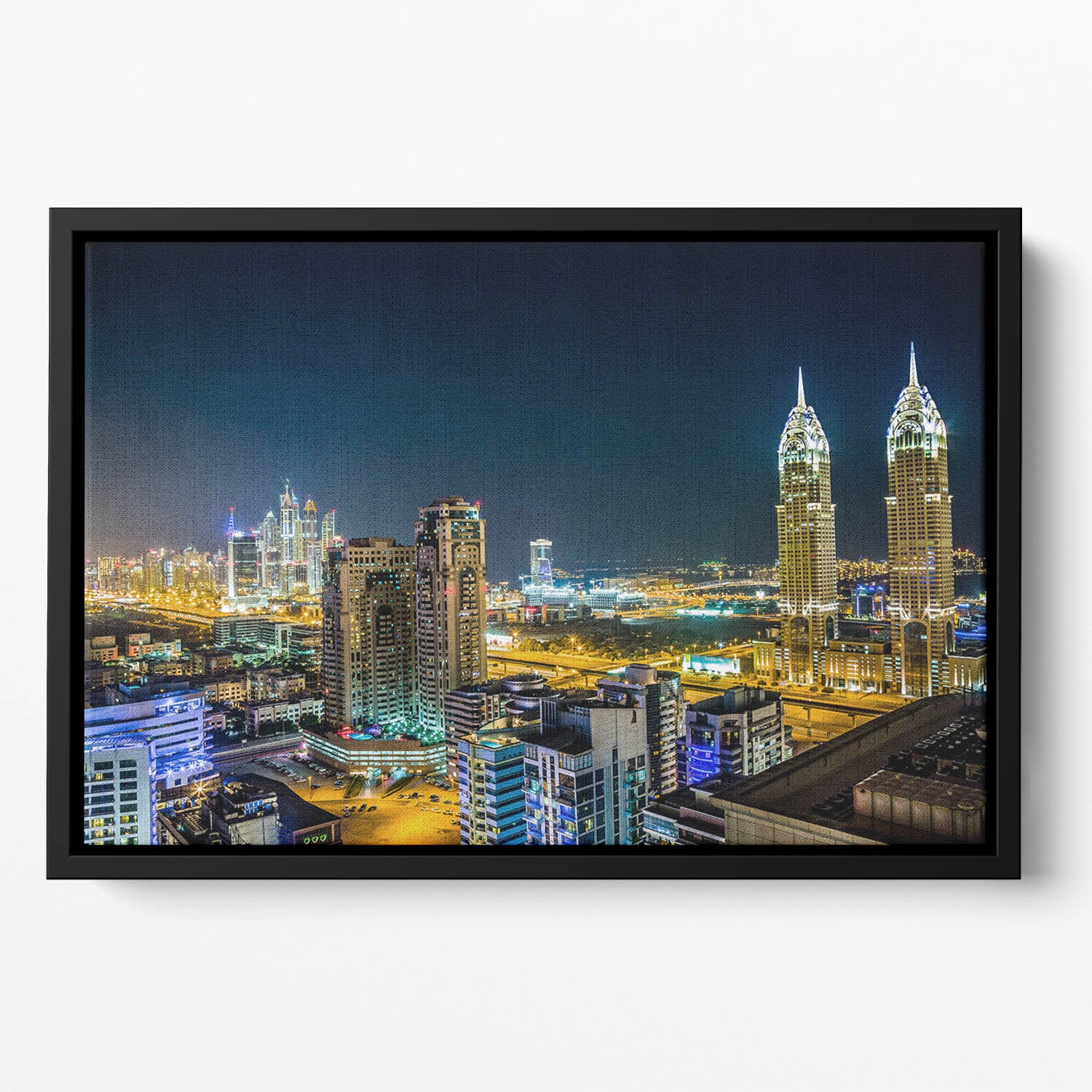 Dubai downtown night scene Floating Framed Canvas