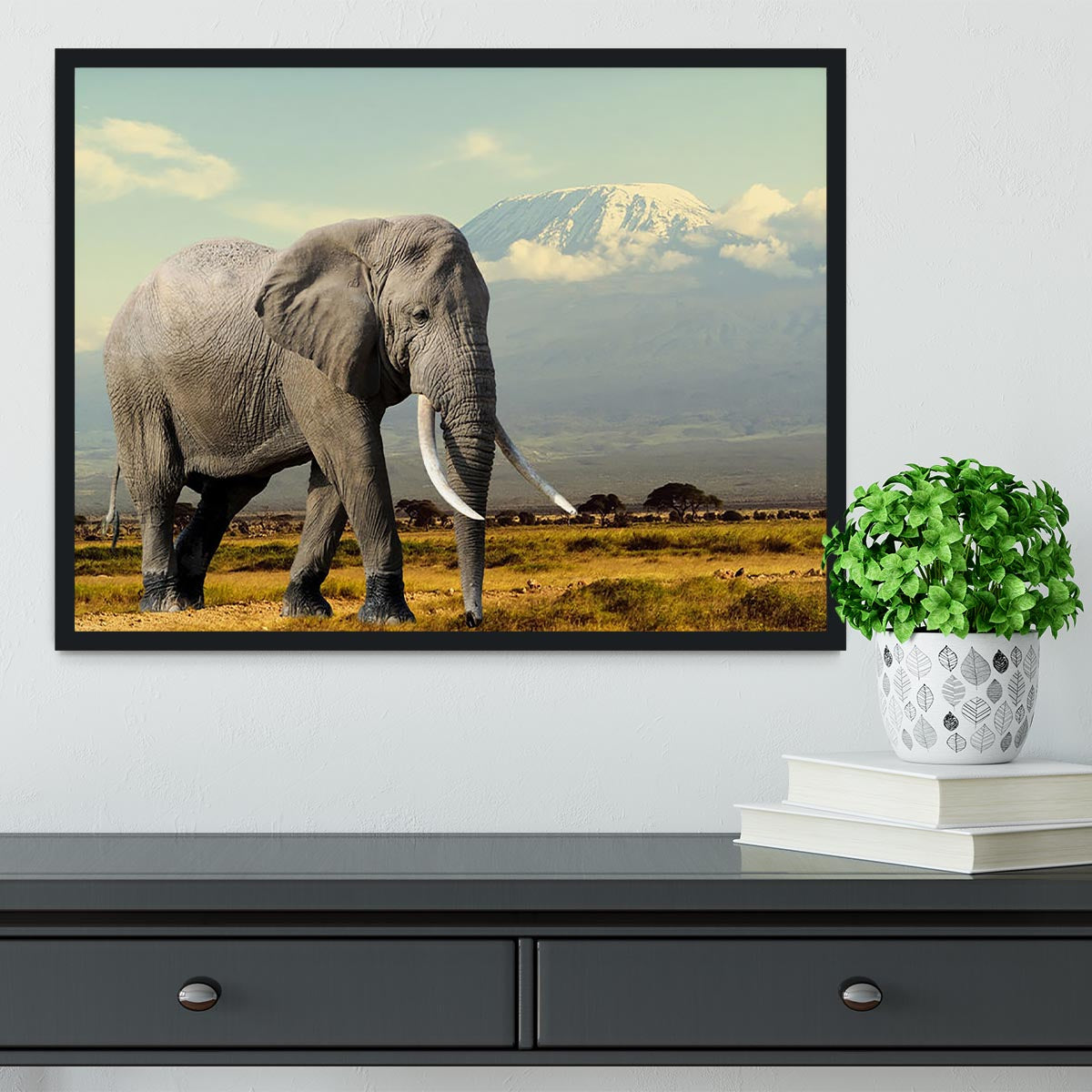 Elephant on Kilimajaro mount Framed Print - Canvas Art Rocks - 2