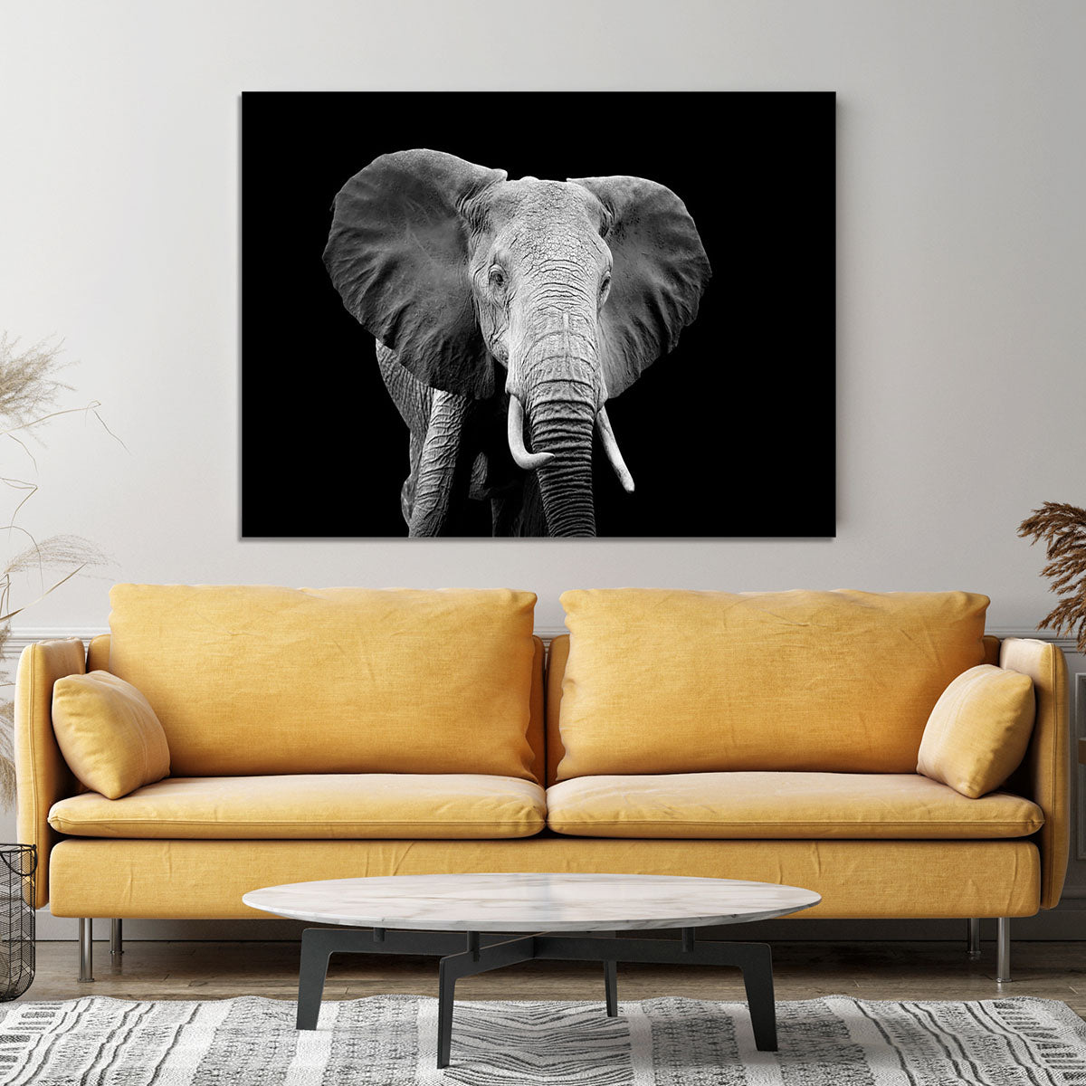 Elephant on dark background. Black and white image Canvas Print or Poster - Canvas Art Rocks - 4