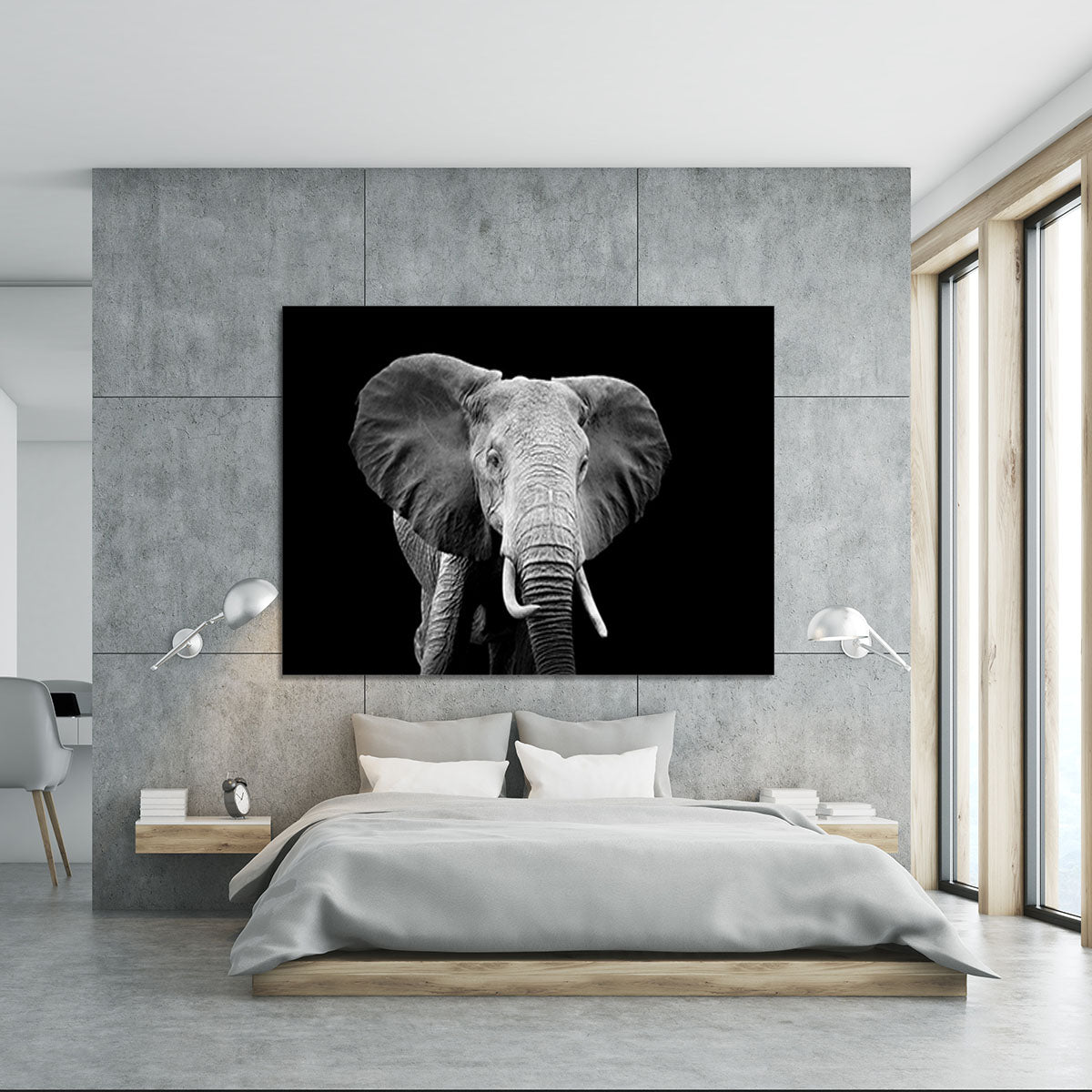 Elephant on dark background. Black and white image Canvas Print or Poster - Canvas Art Rocks - 5