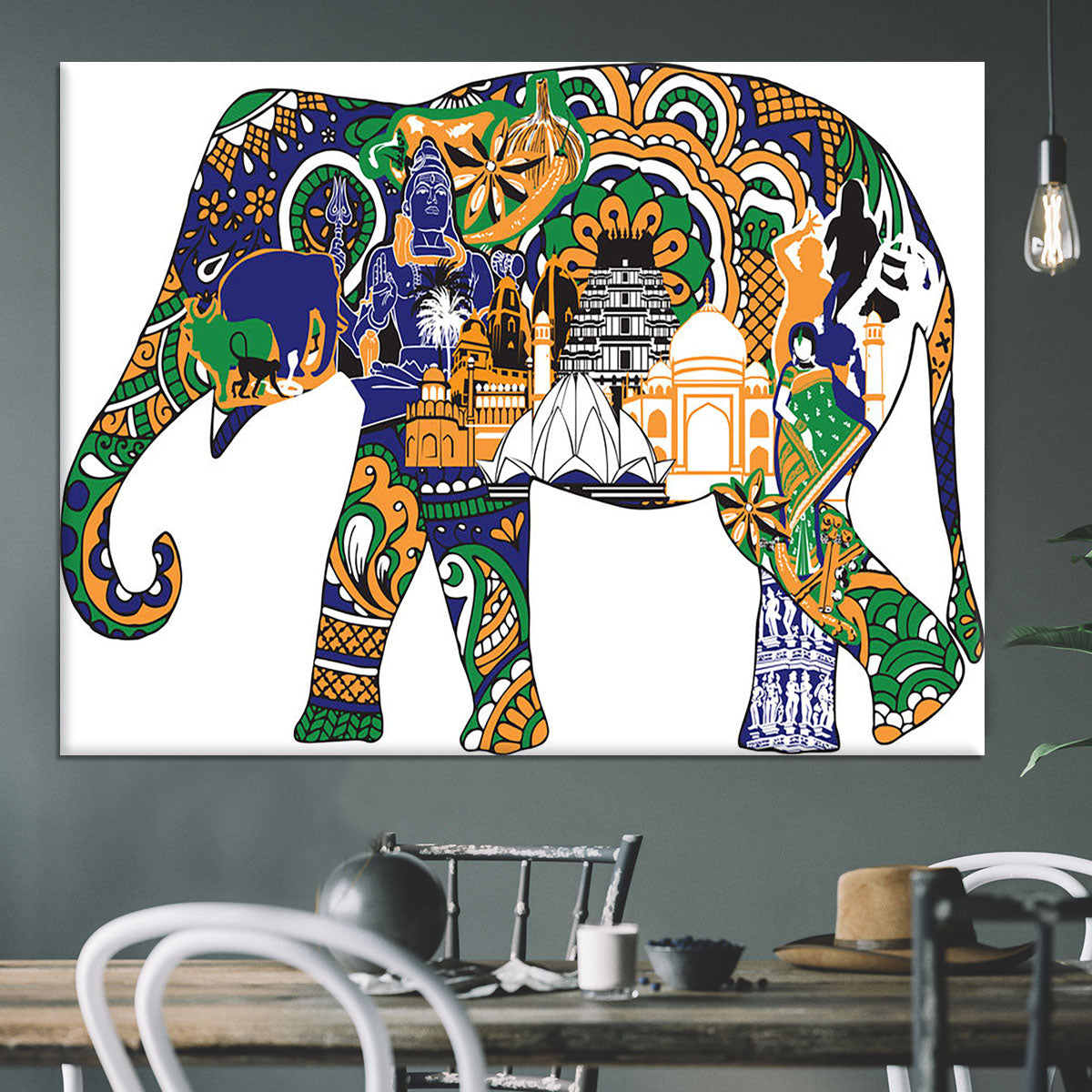 Elephant with Indian symbols Canvas Print or Poster - Canvas Art Rocks - 3