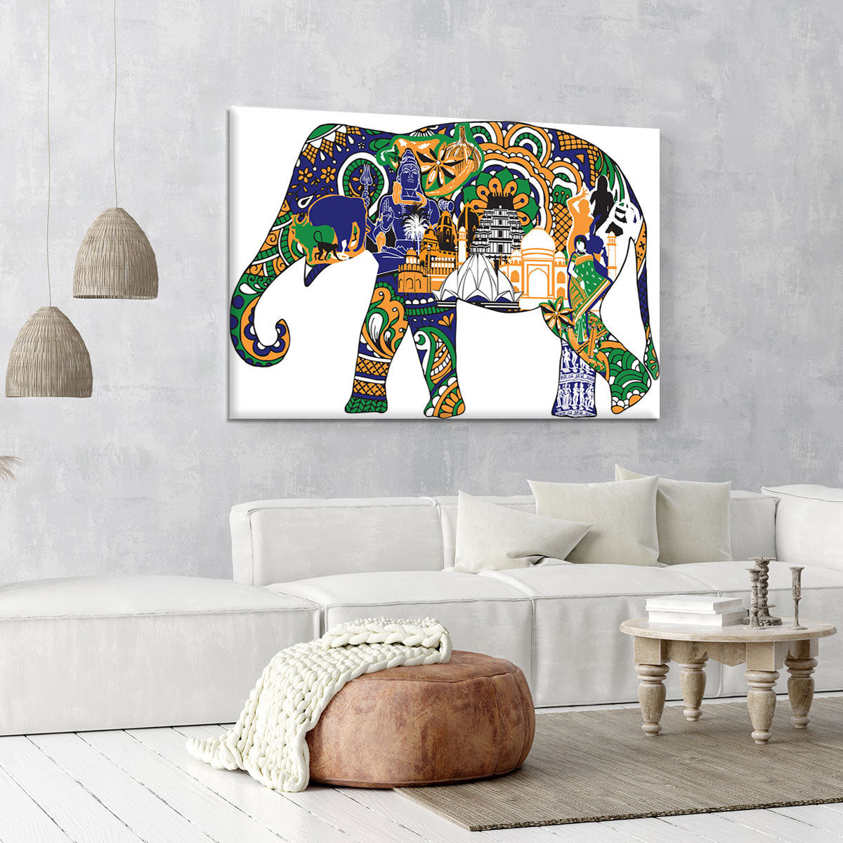 Elephant with Indian symbols Canvas Print or Poster - Canvas Art Rocks - 6