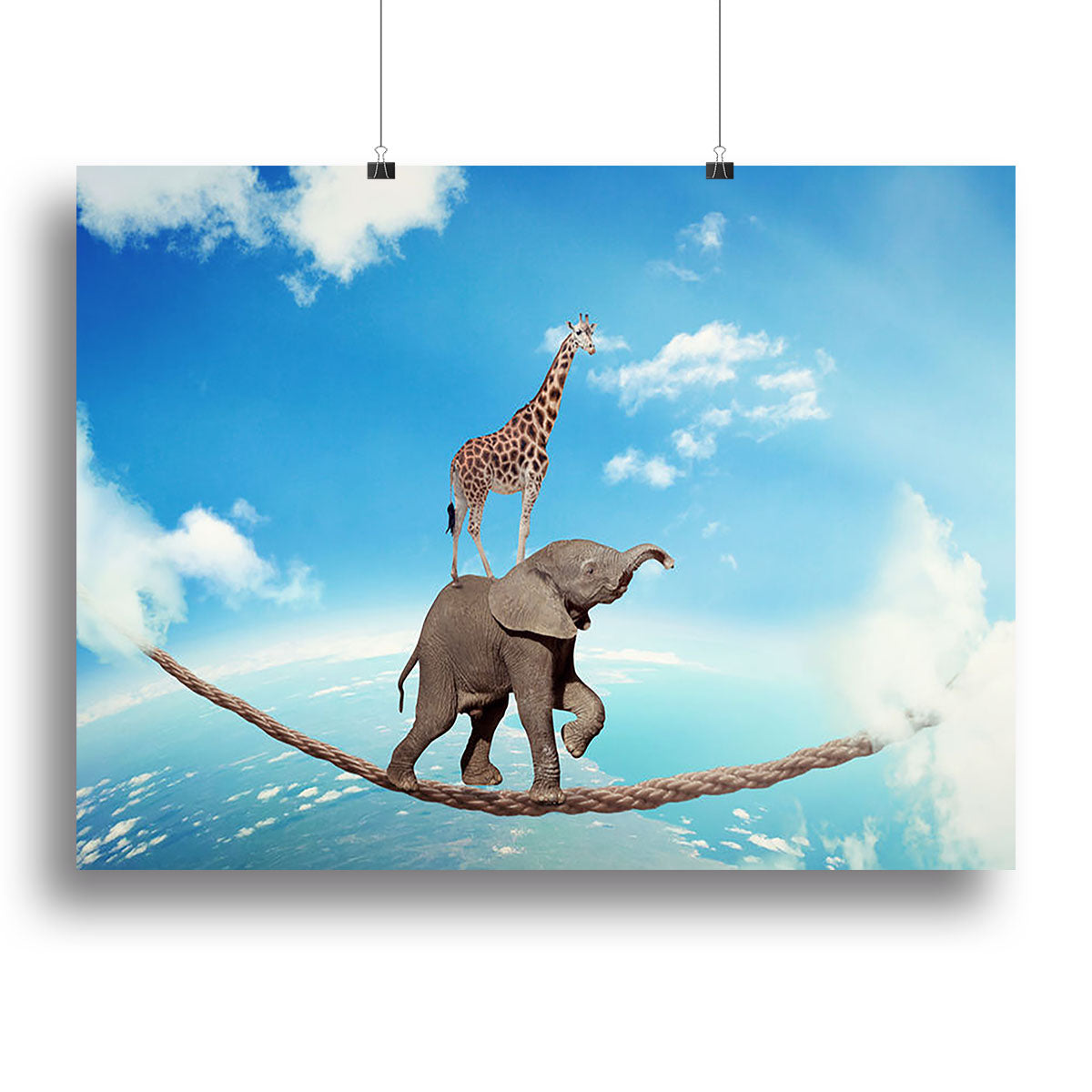 Elephant with giraffe walking on dangerous rope high in sky Canvas Print or Poster - Canvas Art Rocks - 2