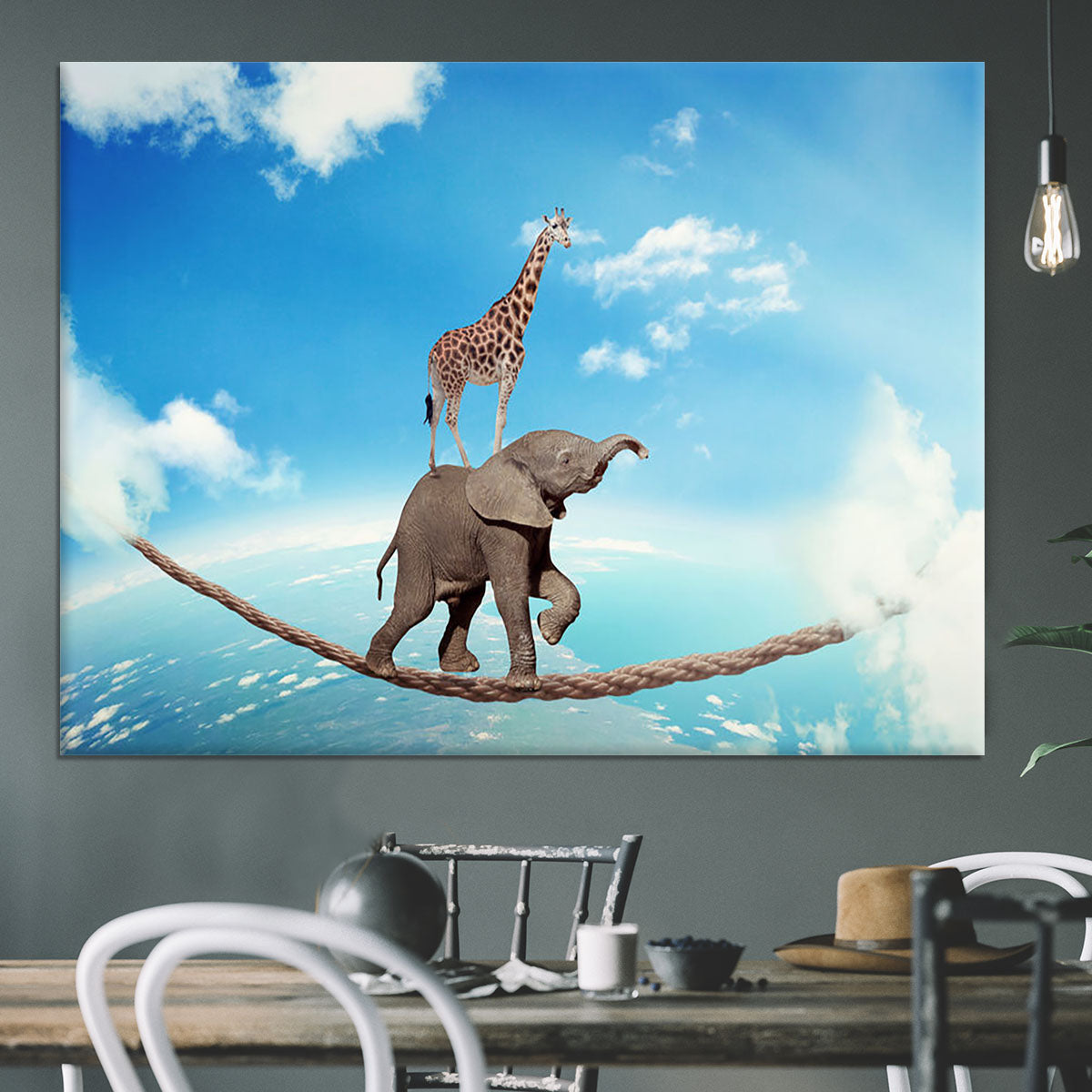 Elephant with giraffe walking on dangerous rope high in sky Canvas Print or Poster - Canvas Art Rocks - 3