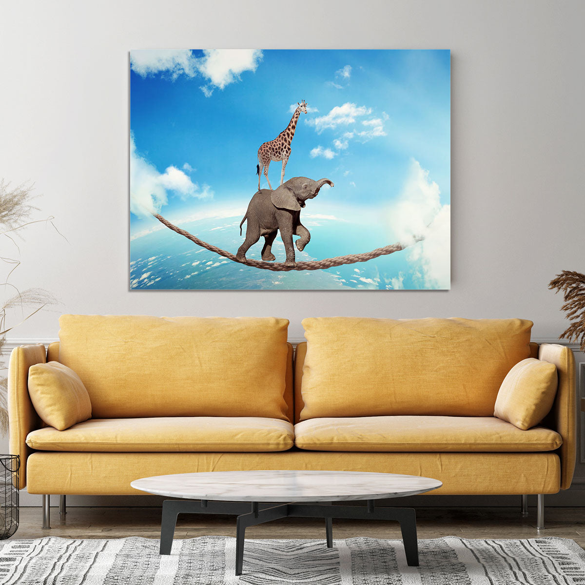 Elephant with giraffe walking on dangerous rope high in sky Canvas Print or Poster - Canvas Art Rocks - 4