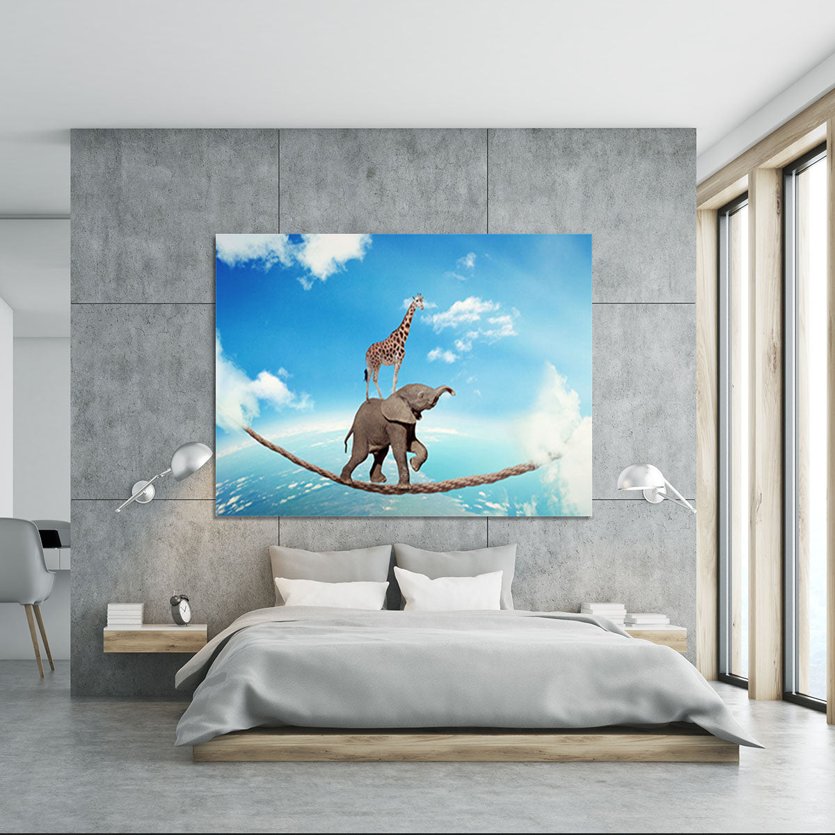 Elephant with giraffe walking on dangerous rope high in sky Canvas Print or Poster - Canvas Art Rocks - 5