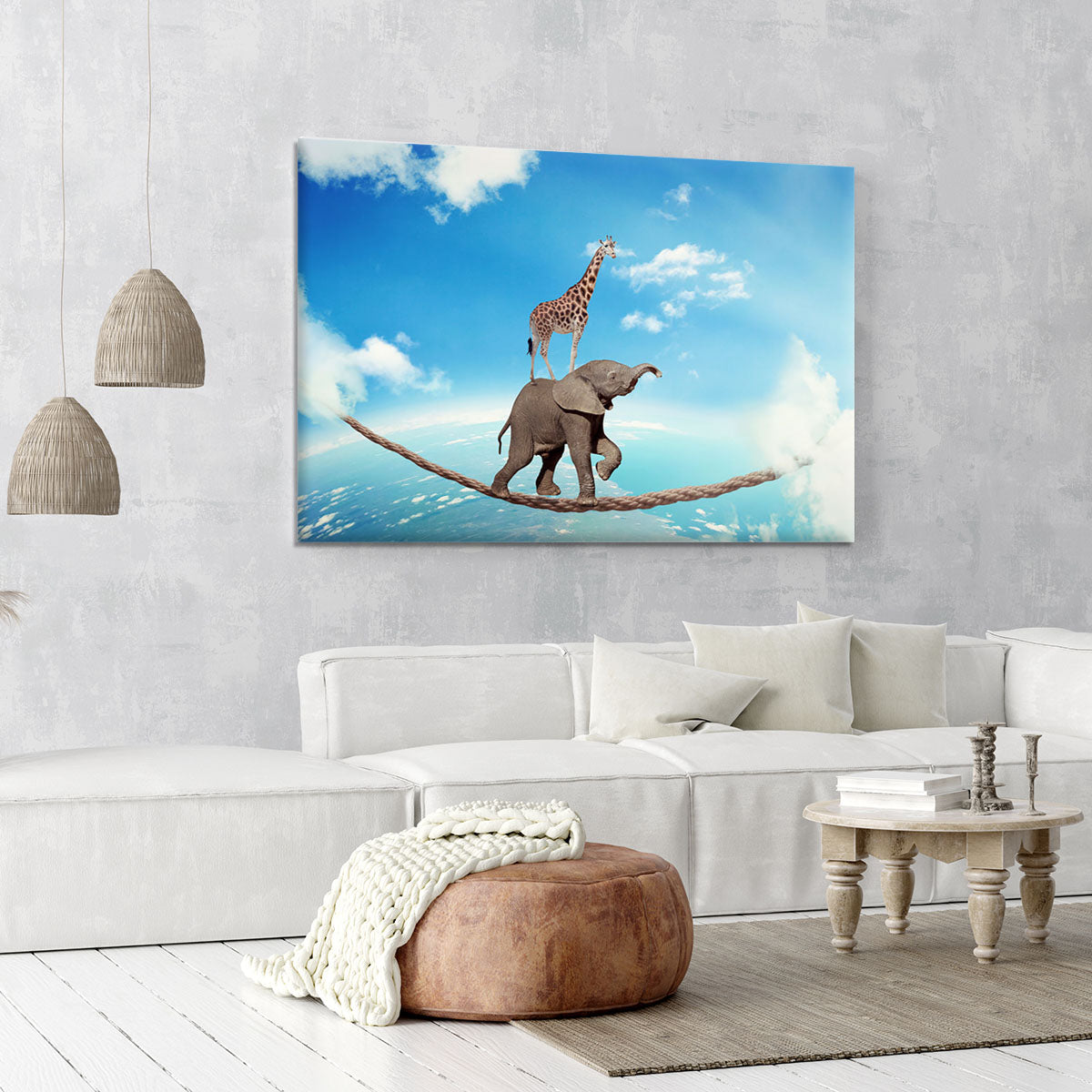 Elephant with giraffe walking on dangerous rope high in sky Canvas Print or Poster - Canvas Art Rocks - 6