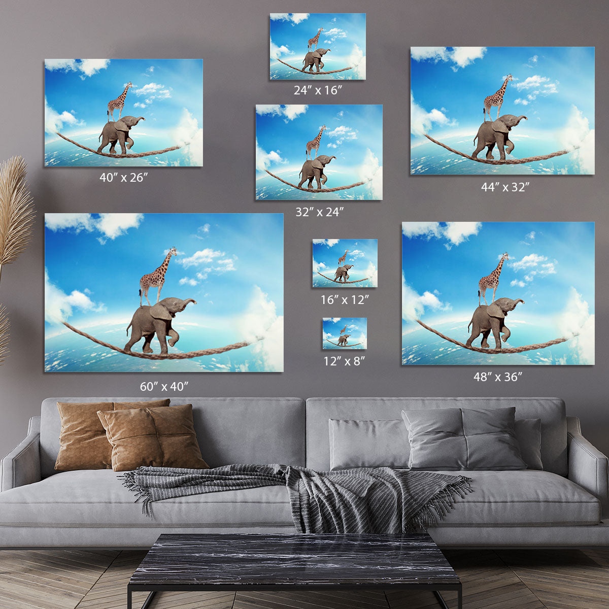 Elephant with giraffe walking on dangerous rope high in sky Canvas Print or Poster - Canvas Art Rocks - 7