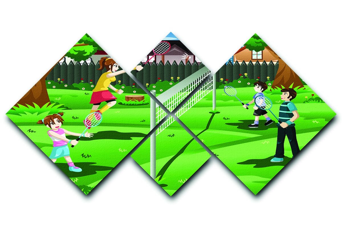 Family playing badminton in the backyard 4 Square Multi Panel Canvas  - Canvas Art Rocks - 1