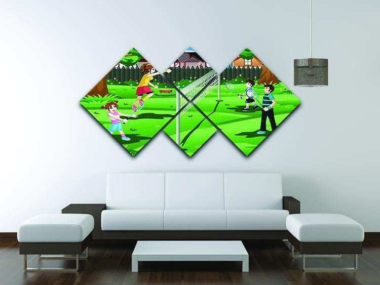 Family playing badminton in the backyard 4 Square Multi Panel Canvas - Canvas Art Rocks - 3