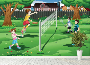 Family playing badminton in the backyard Wall Mural Wallpaper - Canvas Art Rocks - 4