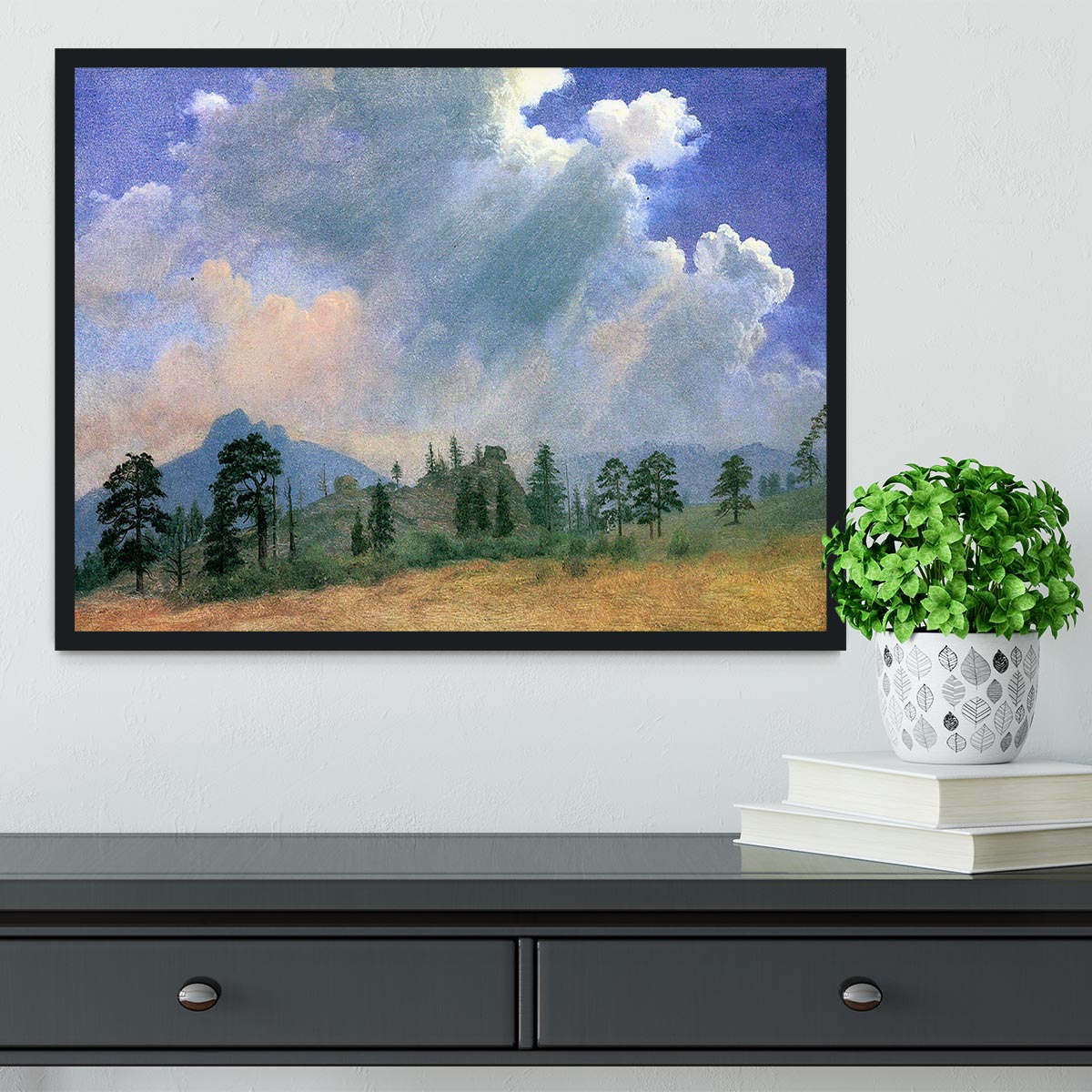 Fir trees and storm clouds by Bierstadt Framed Print - Canvas Art Rocks - 2