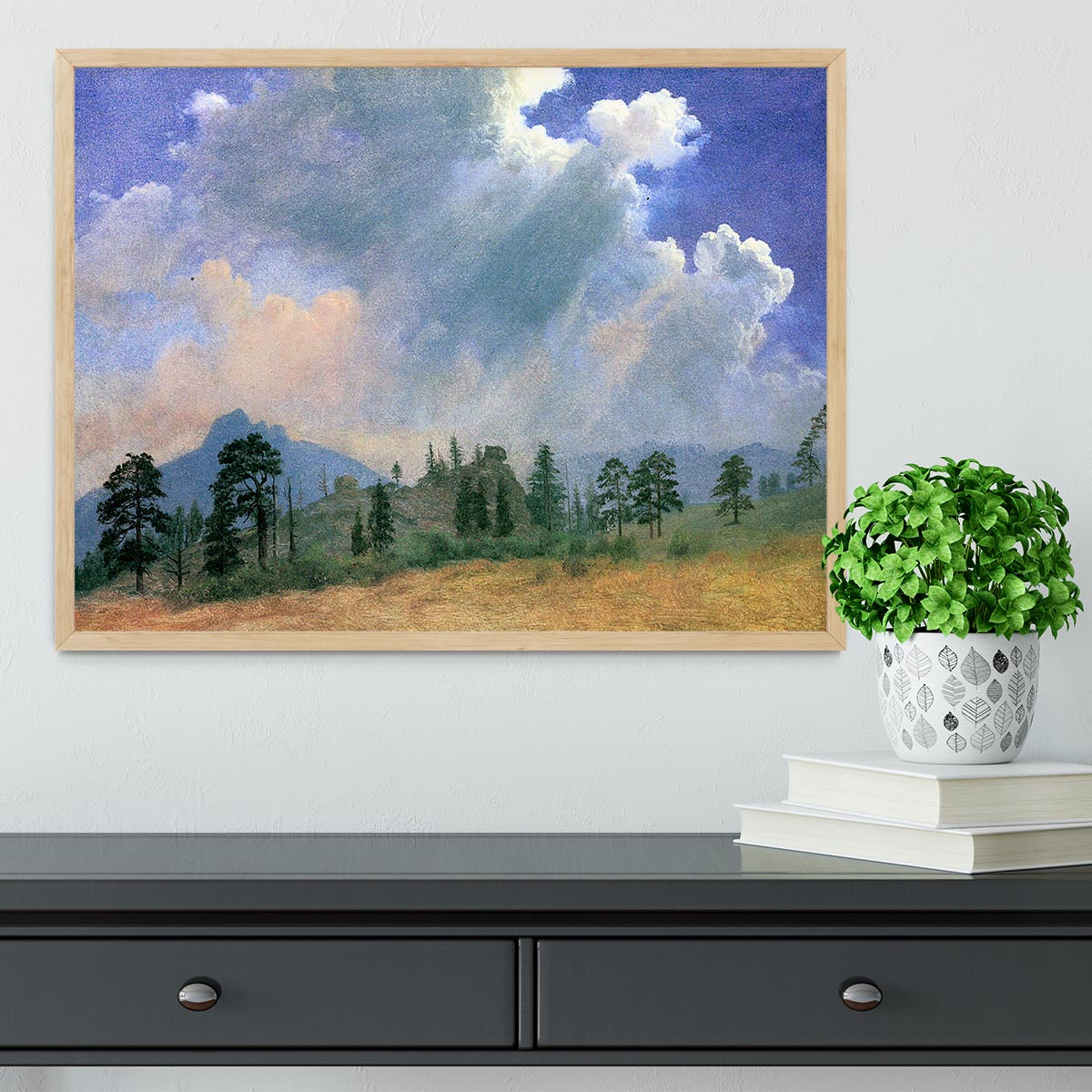 Fir trees and storm clouds by Bierstadt Framed Print - Canvas Art Rocks - 4