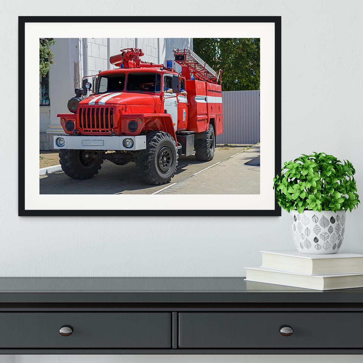 Fire Truck In The City Framed Print - Canvas Art Rocks - 1