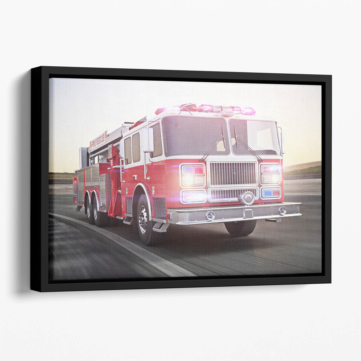 Fire truck running with lights and sirens Floating Framed Canvas