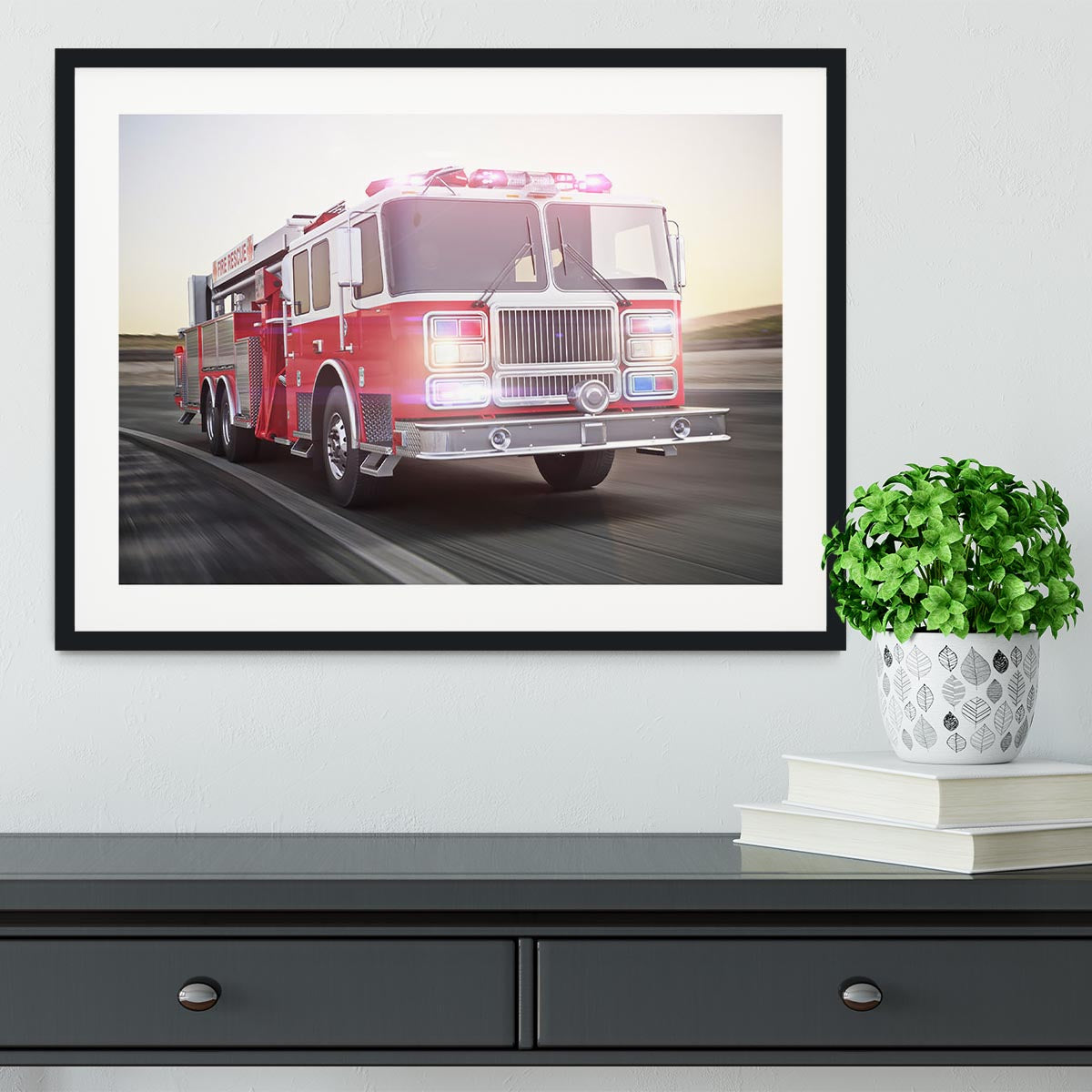 Fire truck running with lights and sirens Framed Print - Canvas Art Rocks - 1