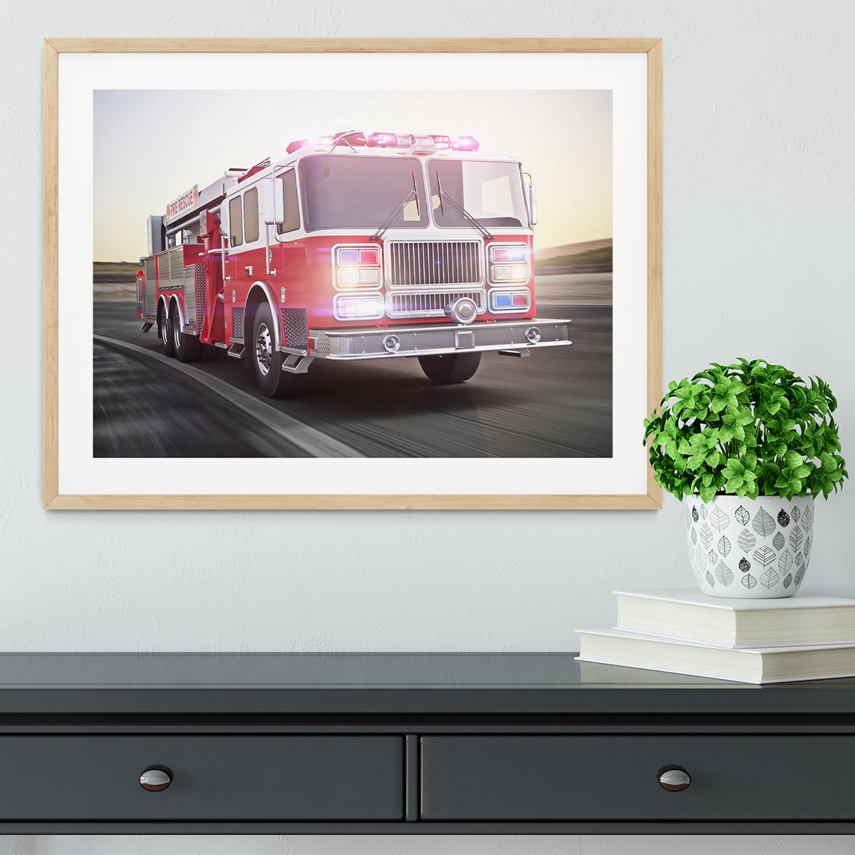 Fire truck running with lights and sirens Framed Print - Canvas Art Rocks - 3