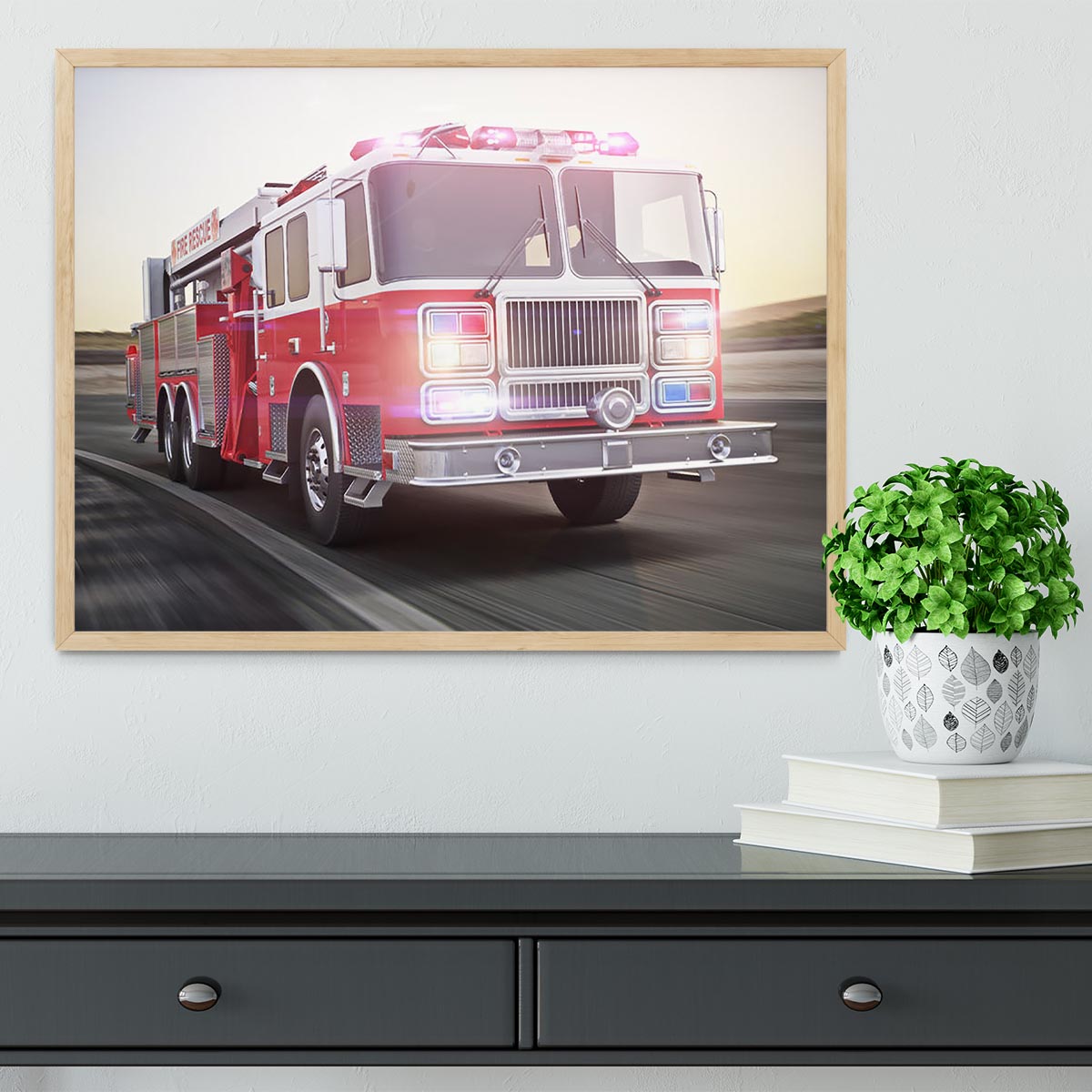 Fire truck running with lights and sirens Framed Print - Canvas Art Rocks - 4