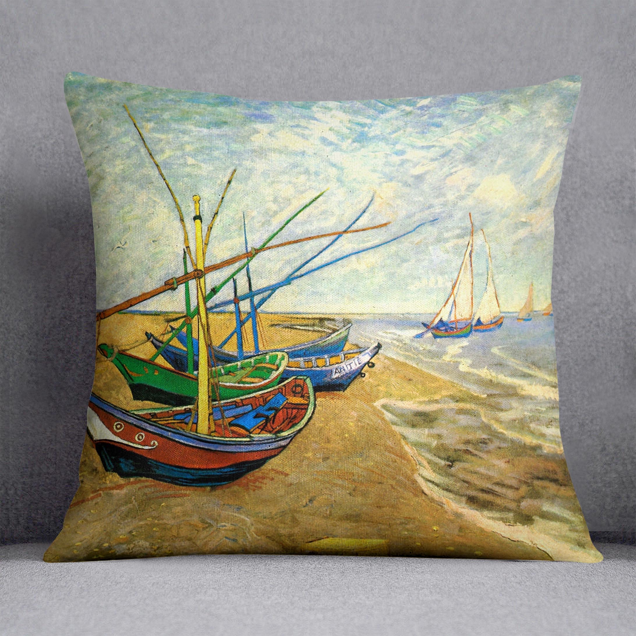 Fishing Boats on the Beach at Saintes-Maries by Van Gogh Cushion