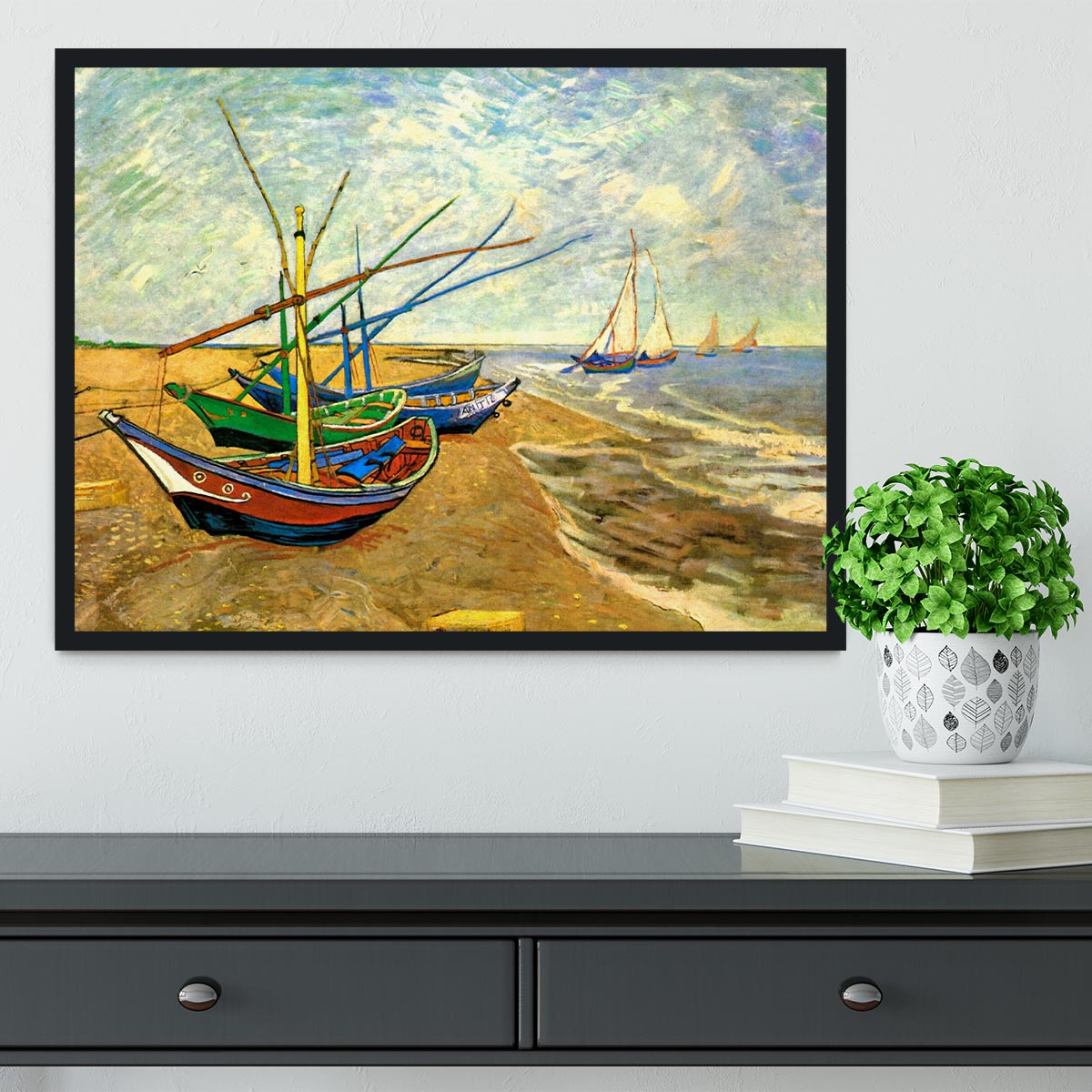 Fishing Boats on the Beach at Saintes-Maries by Van Gogh Framed Print - Canvas Art Rocks - 2
