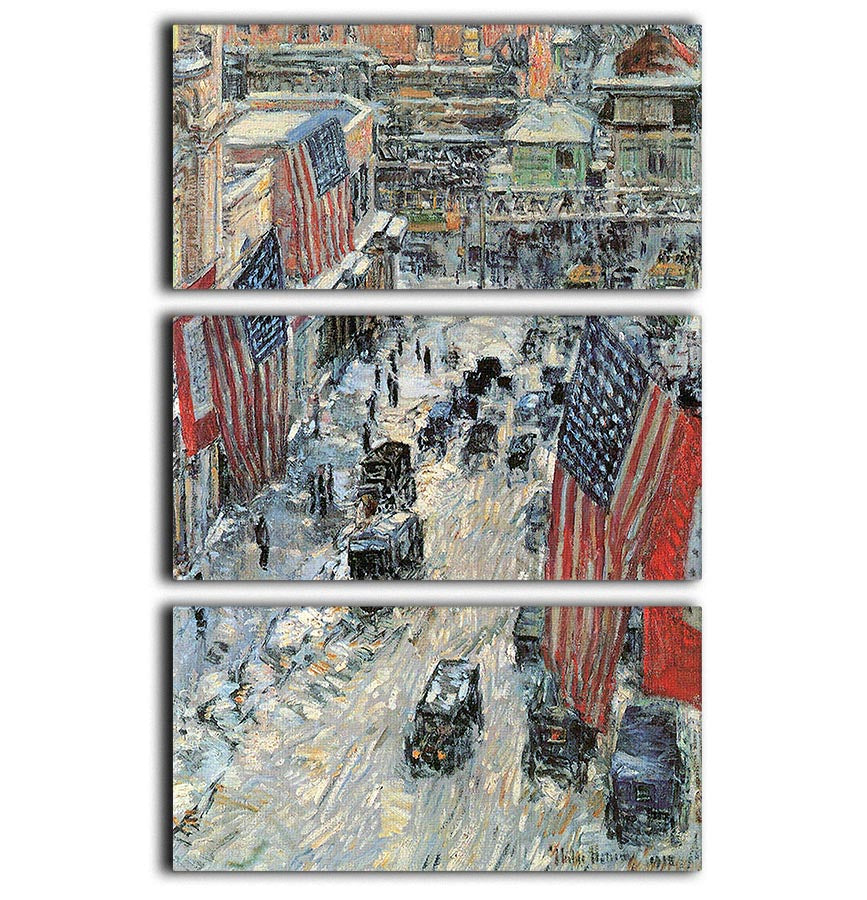 Flags on Fifth Avenue Winter 1918 by Hassam 3 Split Panel Canvas Print - Canvas Art Rocks - 1