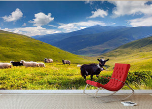 Flock of sheep and goat in the mountains Wall Mural Wallpaper - Canvas Art Rocks - 2
