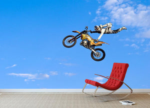 Flying biker on a blue sky background Wall Mural Wallpaper - Canvas Art Rocks - 2