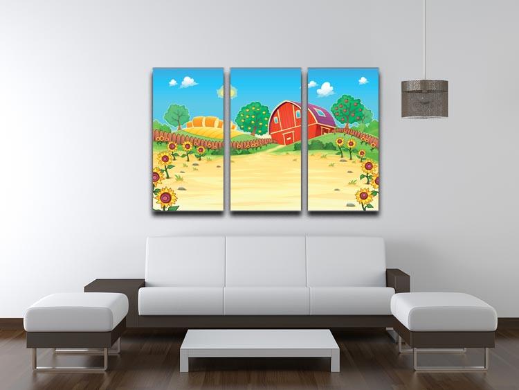 Funny landscape with the farm and sunflowers 3 Split Panel Canvas Print - Canvas Art Rocks - 3