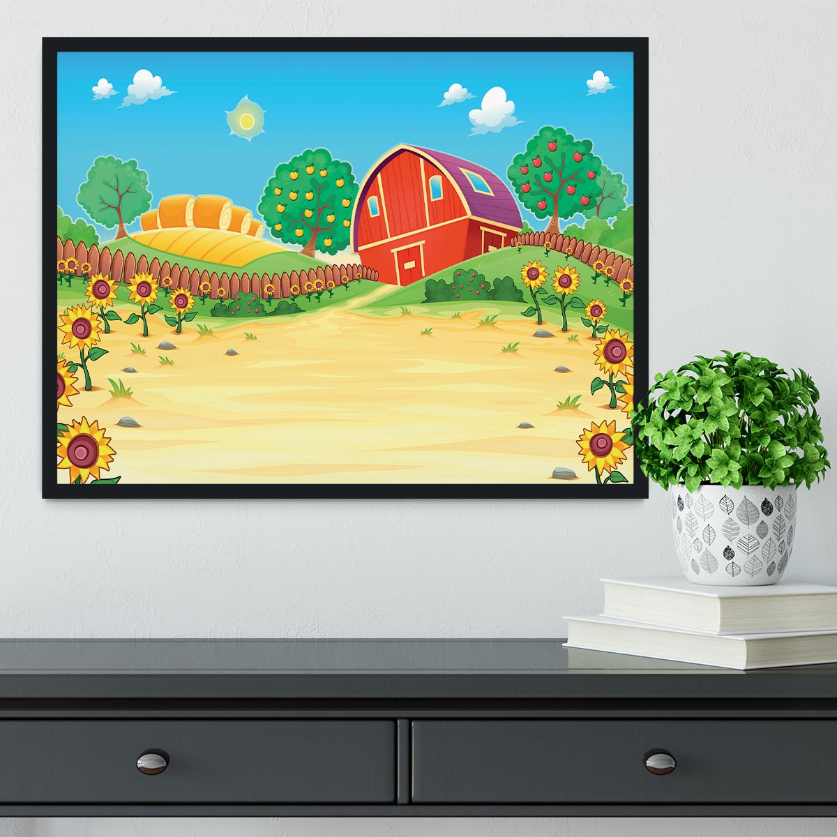 Funny landscape with the farm and sunflowers Framed Print - Canvas Art Rocks - 2