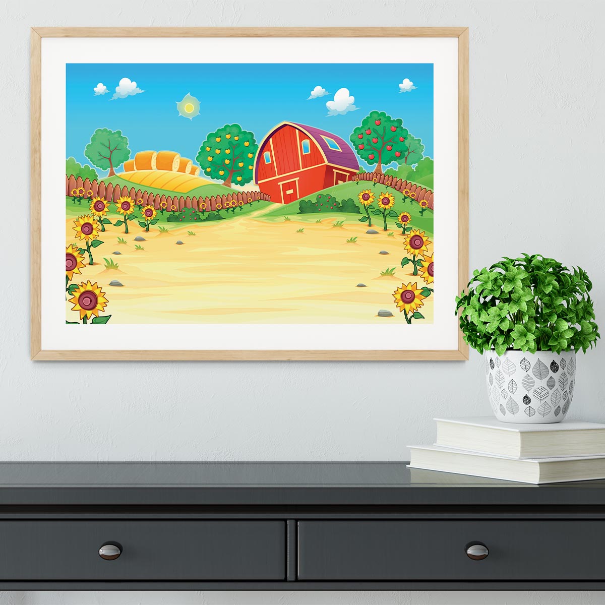 Funny landscape with the farm and sunflowers Framed Print - Canvas Art Rocks - 3