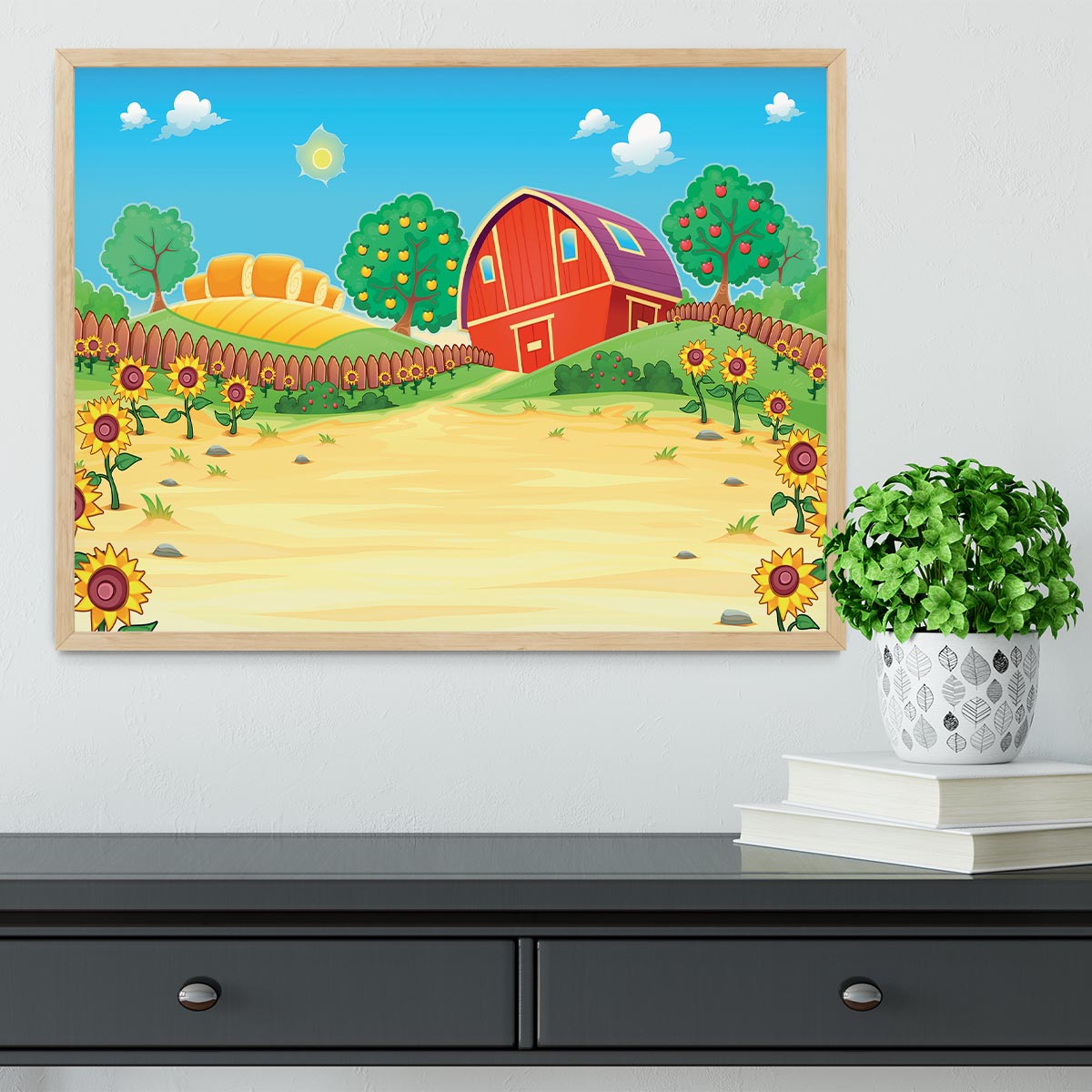 Funny landscape with the farm and sunflowers Framed Print - Canvas Art Rocks - 4