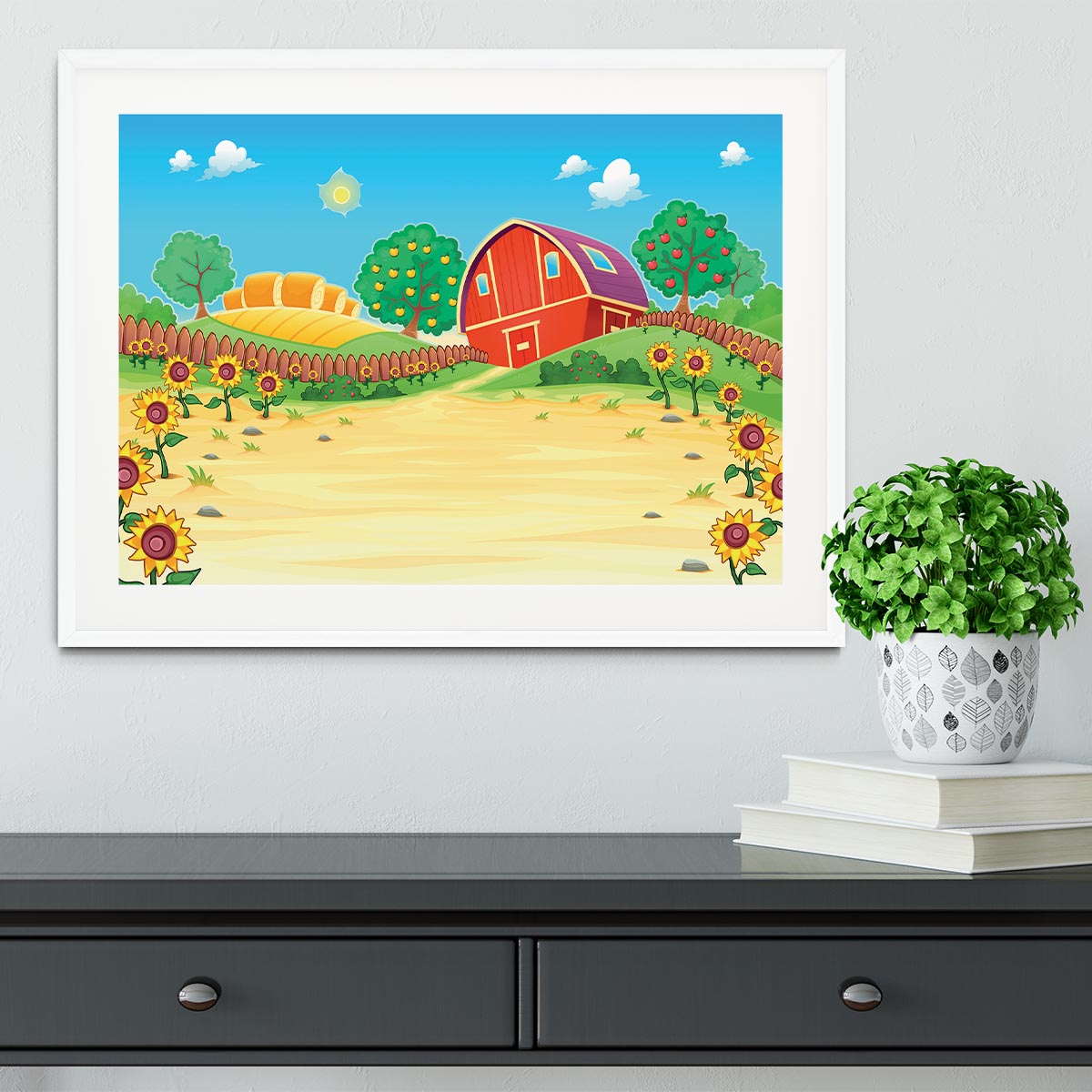 Funny landscape with the farm and sunflowers Framed Print - Canvas Art Rocks - 5